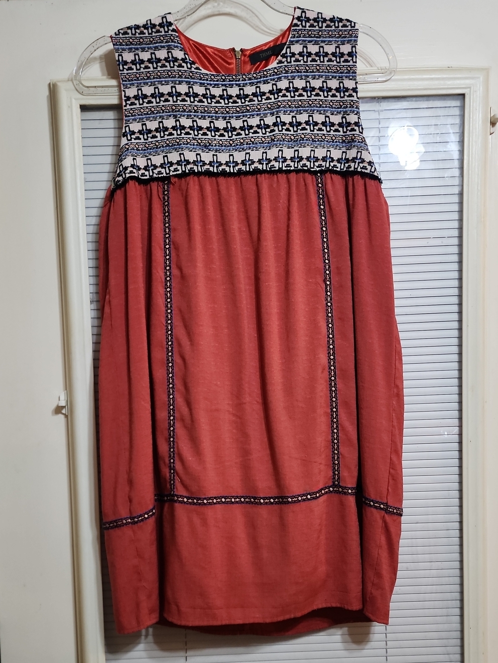 THML Rust A-Line Dress with Patterned Embroidered Yoke